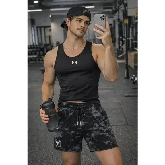 Under Armour Project Rock Fleece Shorts Marble Wash Black L Gym Streetwear - Picture 11 of 11
